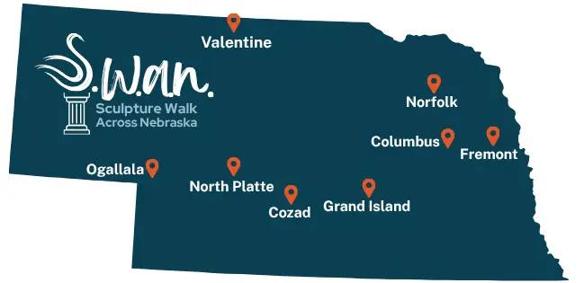 Organizer logo for Sculpture Walk Across Nebraska (SWAN) 2027–28 — eight-community outdoor exhibition